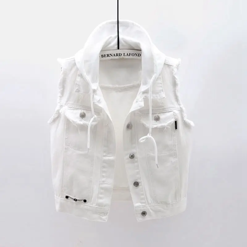 Fashion White Frayed Pocket Denim Vest Women Slim Short Cowboy Waistcoat Detachable Hooded Casual Sleeveless Jeans Vests Female