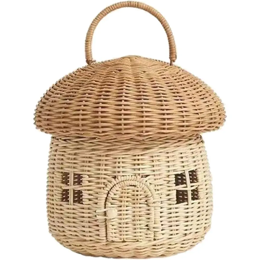 

Handwoven Rattan Mushroom Basket with Lid - Small Dollhouse Decorative Storage Organizer