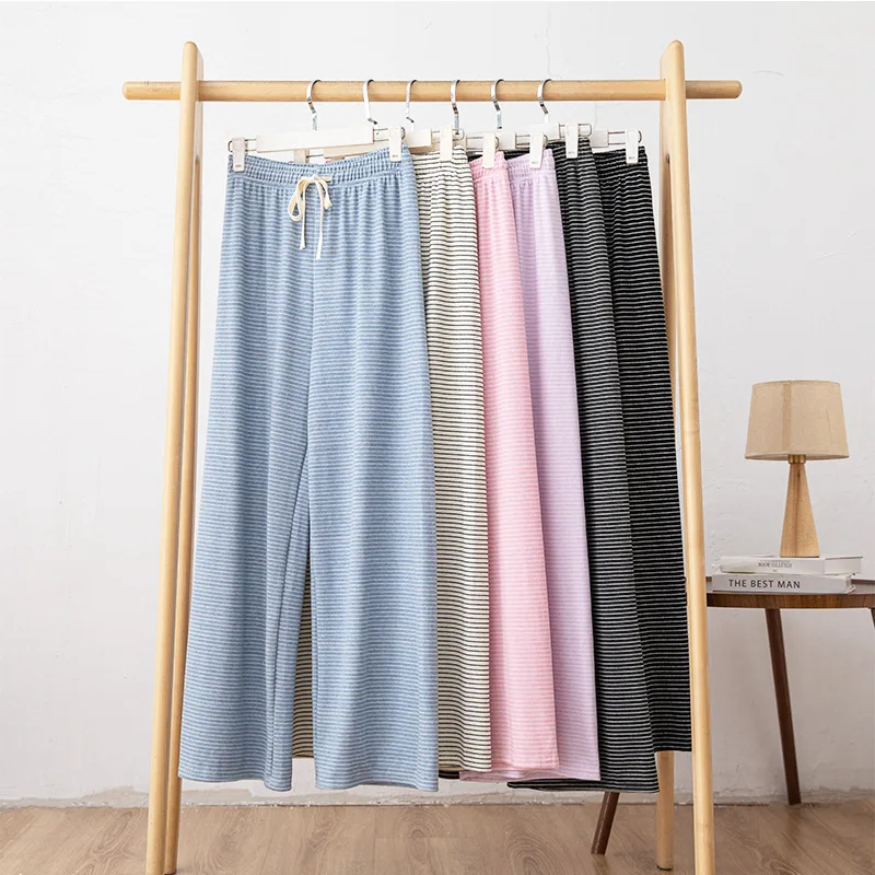 

2026 Horizontal Striped Towel Wide Leg Pants Women Autumn Winter Relaxed Style Loose and Casual Floor Length Straight Leg Pants