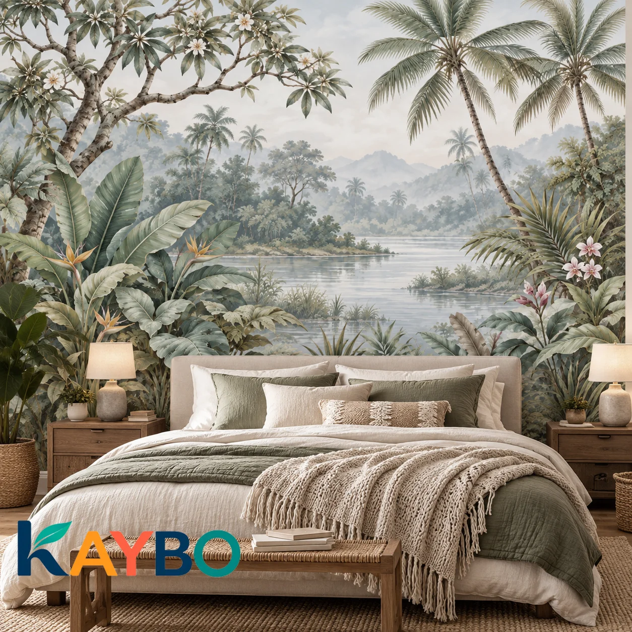 Tropical Wall Mural Vintage Palms Jungle Lake Landscape Wallpaper Non Self Adhesive Bedroom Living Room Botanical Decor Wall Art