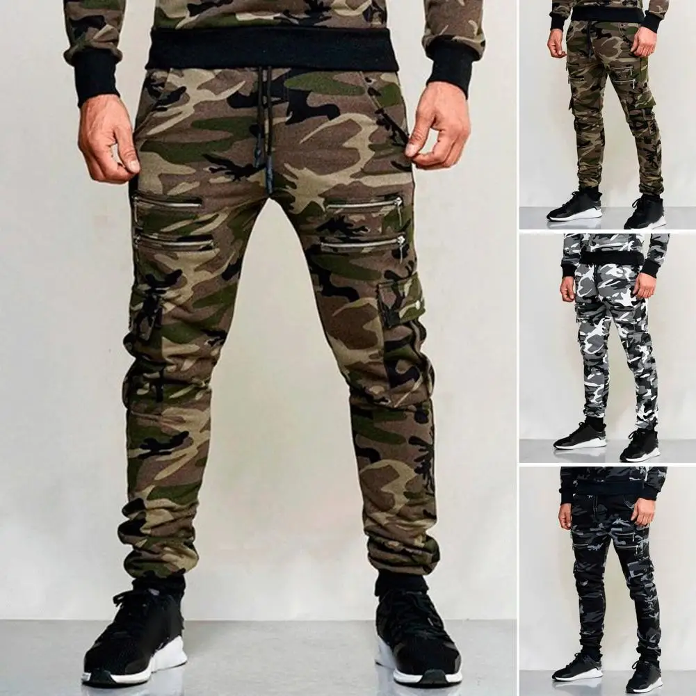 Men Cargo Pants Drawstring Elastic Waist Camouflage Print Multi Zippered Pockets Ankle-banded Slim Fit Casual Outdoor Trouser