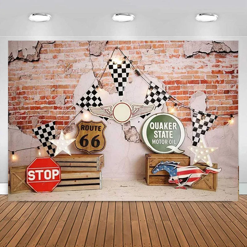 Racing Car  Backdrops Banner Decoration Horserace Race Car Flags Brick Wall Photography Background Boy Happy Birthday Party Prop