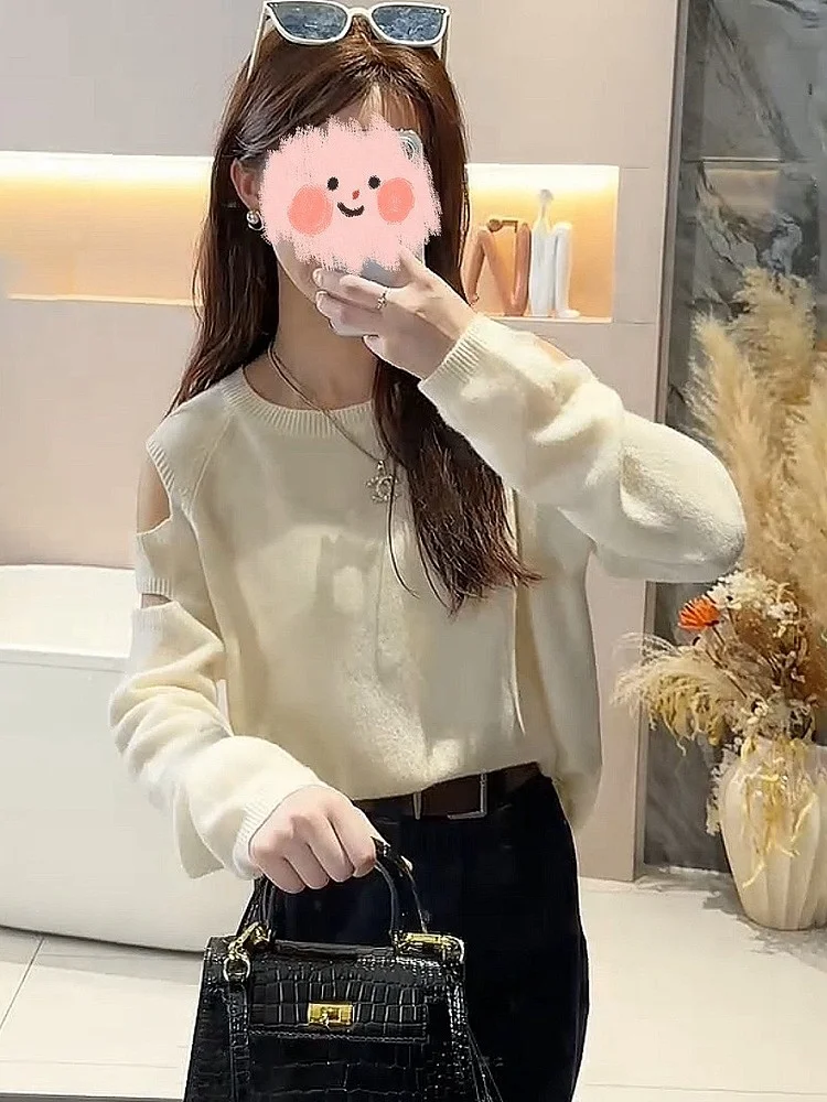 

Женский трикотажный пуловер Laid-ba с открытыми плечами и круглым вырезом, свободного кроя, с длинными рукавами, осенний модный тренд