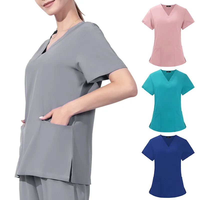 2023 Kurzarm V-ausschnitt Tasche Pflege Arbeiter T-Shirt Tops Sommer Uniformes De Enfermera Mujer