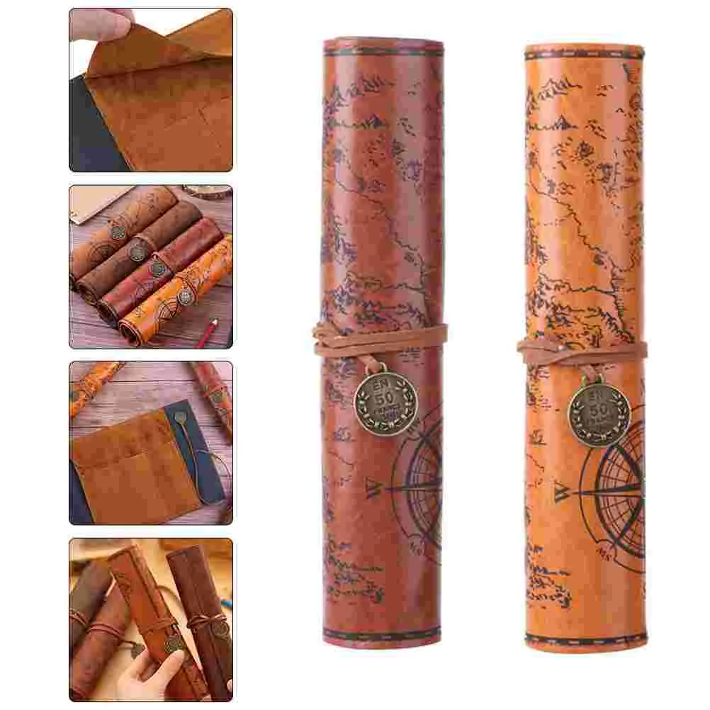 

2 Pcs Vintage Pencil Case Organizer Makeup Holder Bag Students Pouch Retro Treasure Pattern Toiletries Drawing Pencils Portable