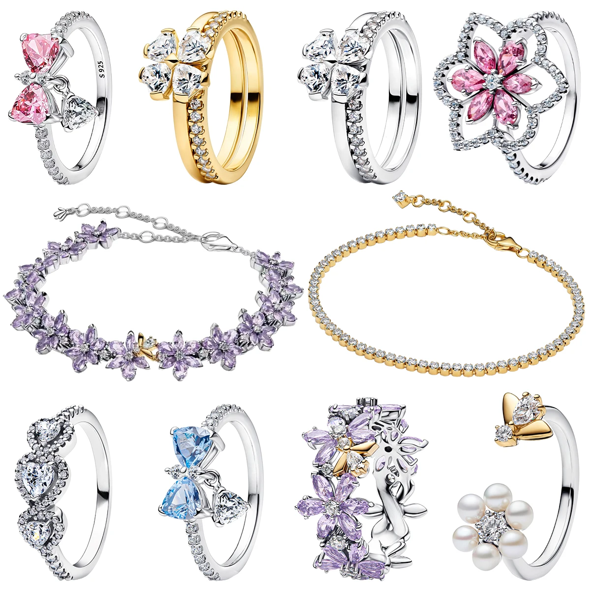 

Серебряное кольцо S925 с романтическим цветочным узором, бабочкой и клевером, с фиолетовым камнем, а также нежный теннисный браслет с розовыми и синими элементами, штабелируемый, изящный подарок, ювелирное украшение