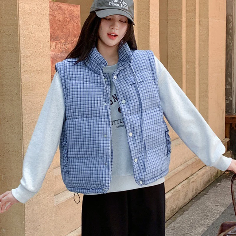 2025 Autumn Winter New Blue Plaid Down Cotton Vest Women Y2K Korean Fashion Sleeveless Jacket Padded Warm Stand Collar Waistcoat