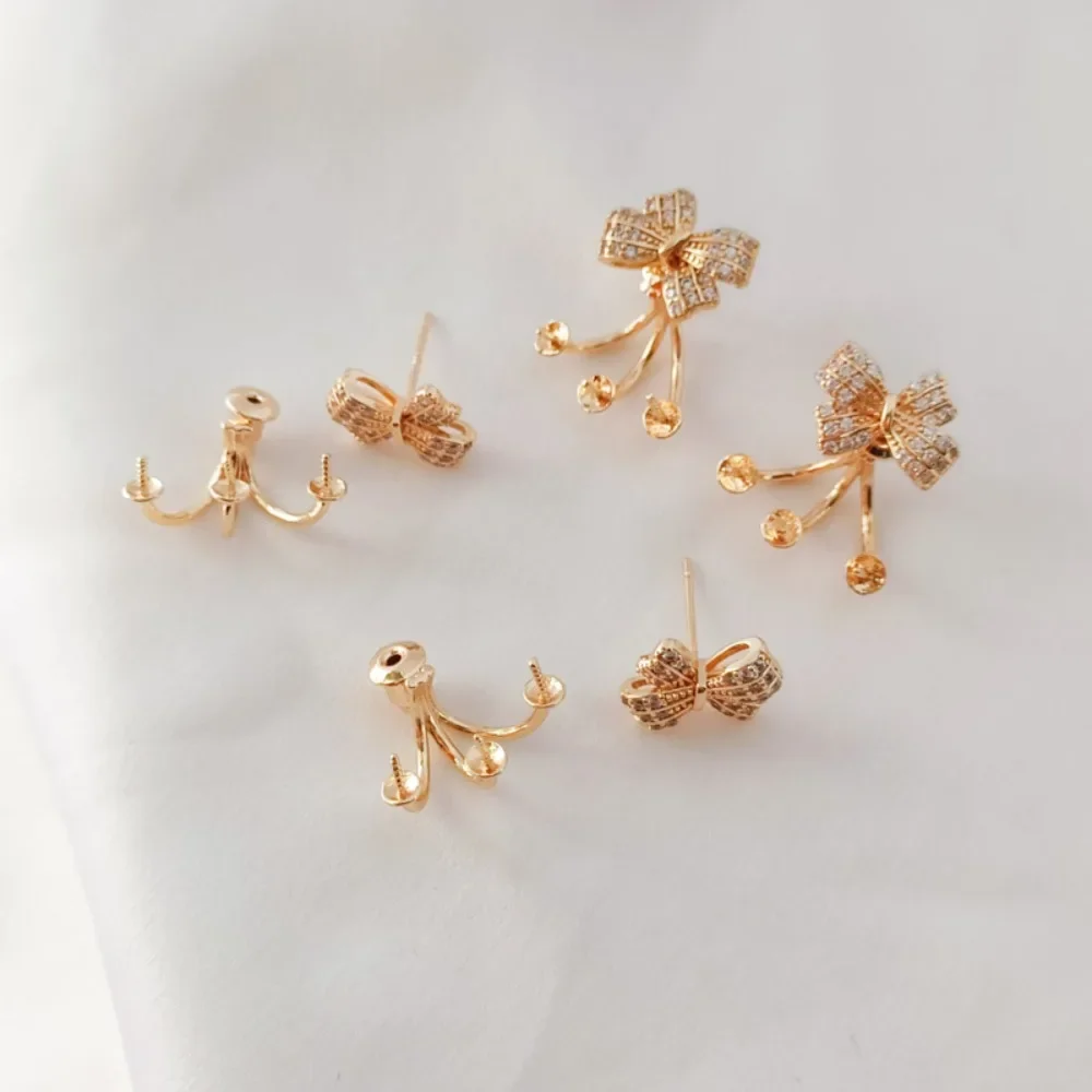 

14K Copper Plated with Real Gold, Inlaid with Zircon, Bow Stud Earrings with Ear Plugs, Three-pronged Empty Tray Stud Earrings