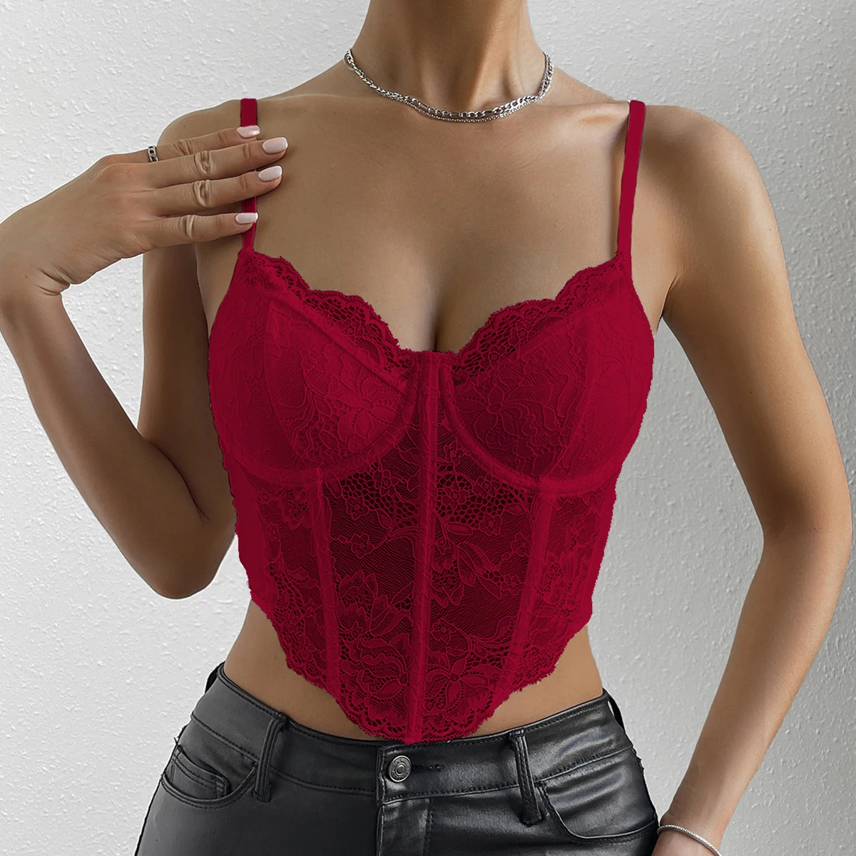 Vemina Sexy Vneck Lace Embroidery Hollow Out Spaghetti Strap Slim Crop Top,Sheer Halter Backless Camisole Vest Fishbone Corset