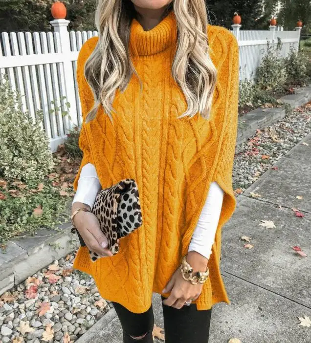 Autunno e inverno maglia da donna collo alto pasta fritta colpi di scena nodo manica a pipistrello maglione diviso maglione semplice allentato da donna