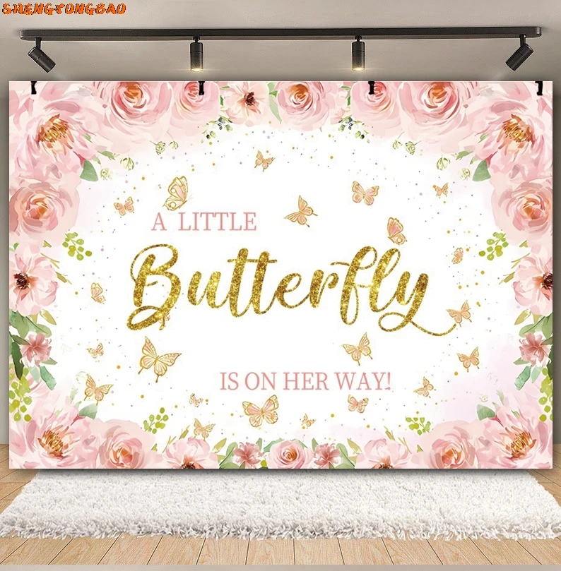 ผีเสื้อสุขสันต์วันเกิดสีม่วงสีชมพูดอกไม้ผีเสื้อสาวเจ้าหญิง Baby Shower Birthday Party การถ่ายภาพพื้นหลัง