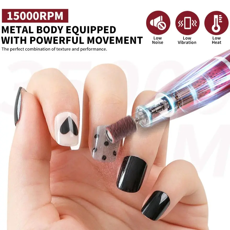 Przenośna bezprzewodowa wiertarka do paznokci Akumulatorowa polerka do manicure 15000 obr./min z 11-częściowym zestawem trwałych głowic szlifierskich i pierścieni piaskowych