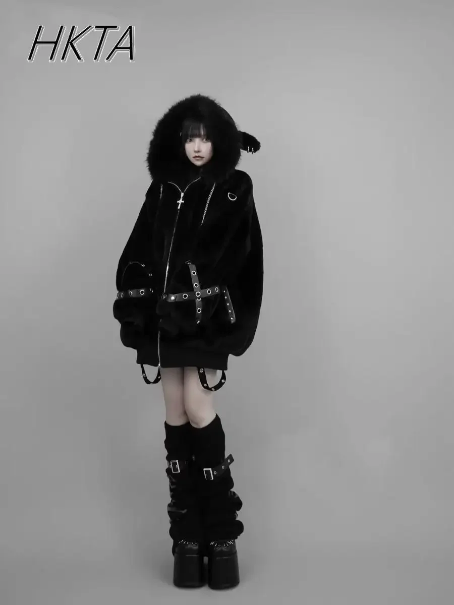 Japanese Mine Sweet Cool Warm Fluffy Coat Women Winter Subculture Punk Cute Lamb Ears Cute Fluffy Jacket Y2k Harajuku Coats