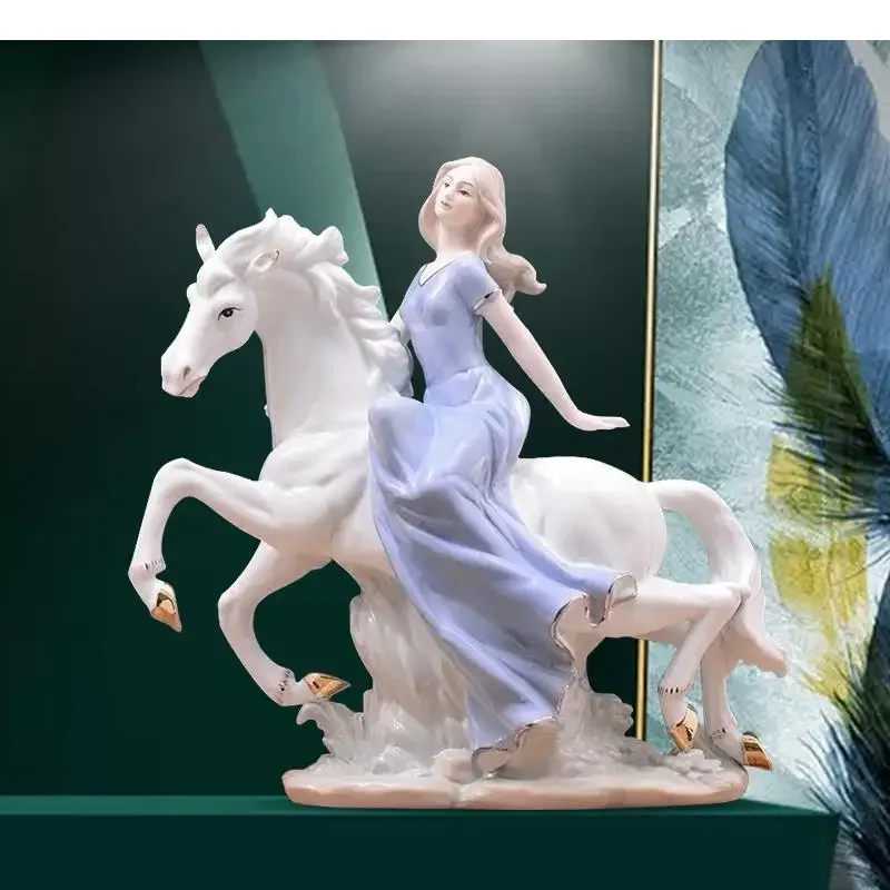 Classical Western Girl Ceramics Portrait Horse Riding Statue Figurines Vintage Home Decor Desk Decoration Porcelain Statuette