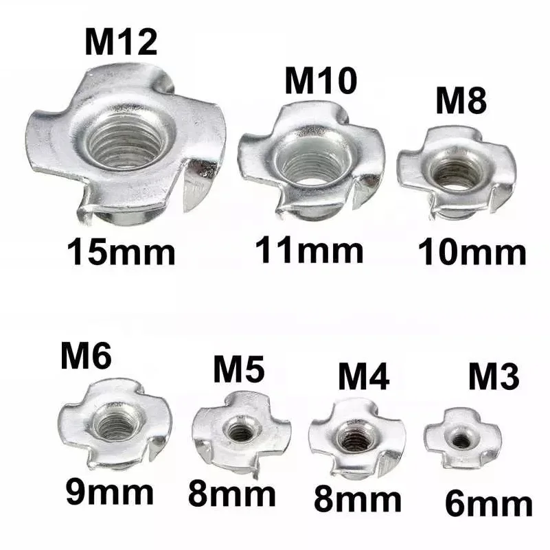 50/100Pcs M3 M4 M5 M6 M8 M10 M12 Four Claws Nut Speaker T-nut Blind Pronged Insert Tee Nut Four-Point Impact Nuts Furniture Hard