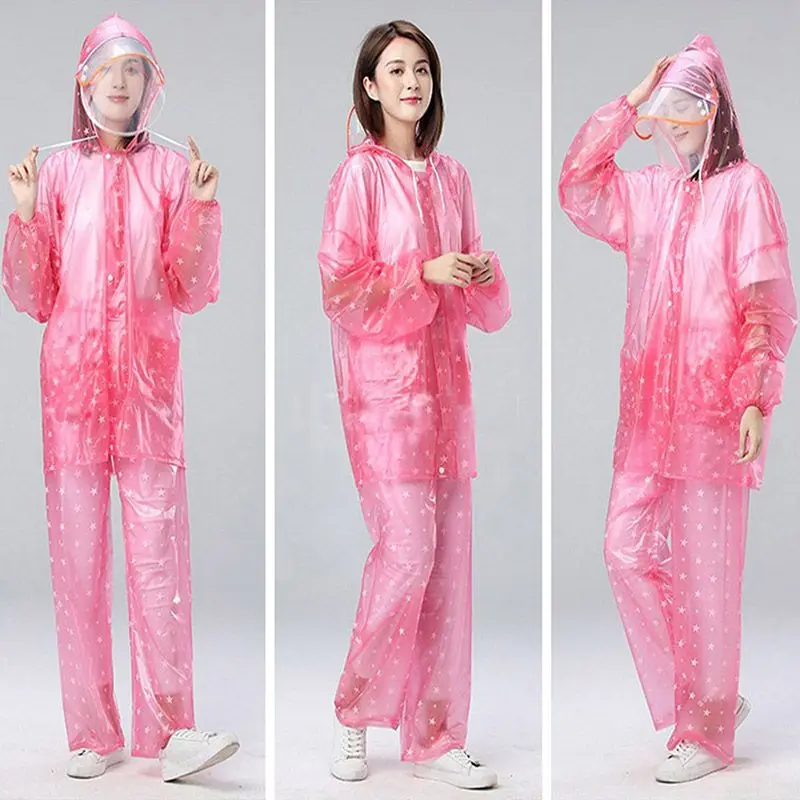 Students Girls PVC Dot Porcha Star Graphics Waterproof Raincoat Jacket + Trouser Suit Hat With Protection