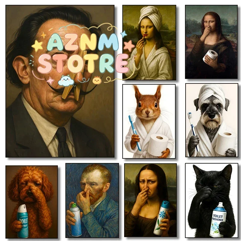 Salvador Dali Mona Lisa Funny Bathroom Toilet Portrait Poster Cockapoo Dog Canvas Painting Print Wall Art for Bathroom Decor