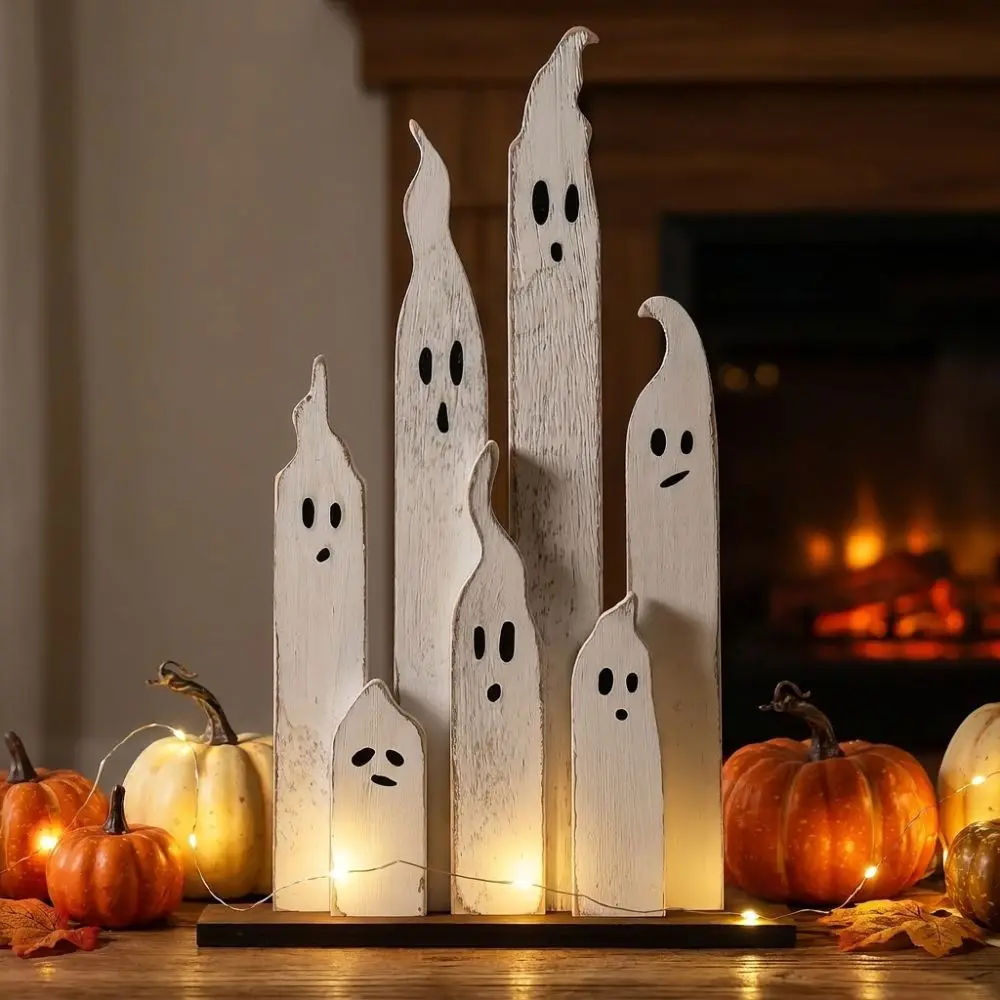 Vintage Distressed Halloween Wooden Ghost Decor Hand Painted Gradient Height Ghost Party Table Ornaments Smooth Edge Cartoon