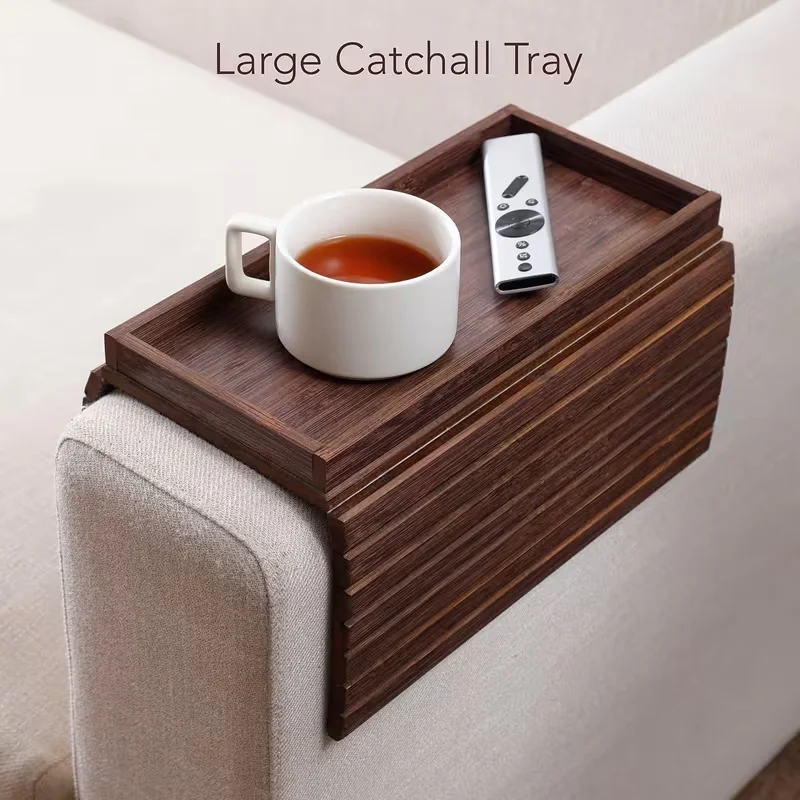 Wooden Sofa Armrest Tray Table with Storage Top Non Slip Couch Side Table for Living Room Bedside Snack Drinks Remote Holder