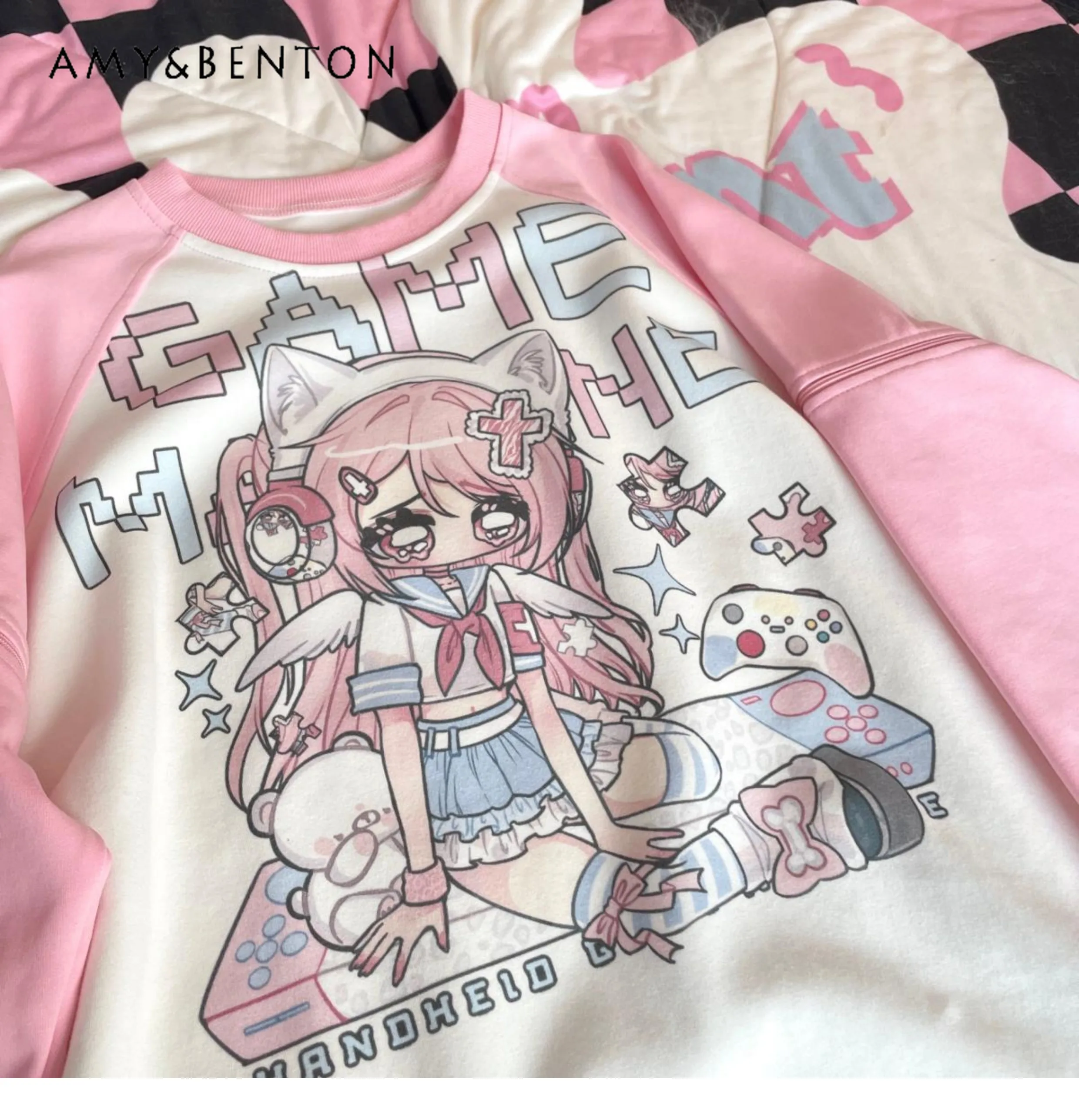 Original Design Harajuku Style Kawaii Anime Printed Long Sleeve T-shirt Pink Subculture Casual Loose Graphic T Shirts Y2K Top