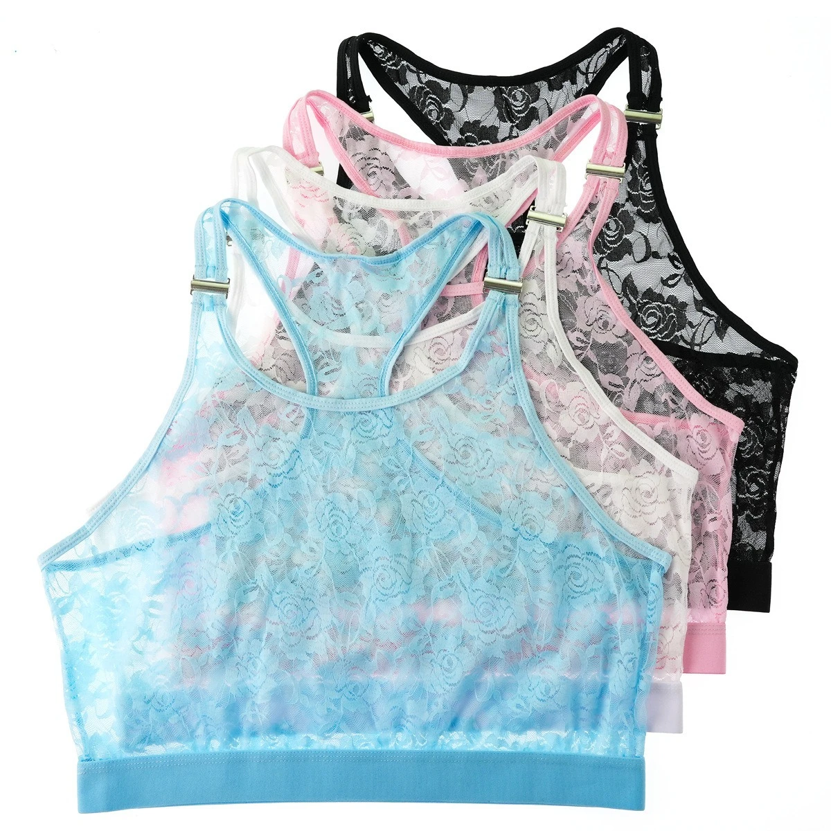 Mens Low Neck Lace Mesh Cropped Tank Top Sheer Breathable Athletic Slim Sleeveless Undershirt