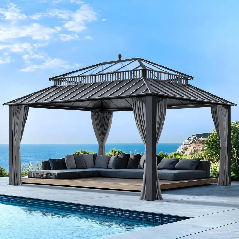 

Kingston 16' x 12' Hardtop Gazebo with Galvanized Steel/Polycarbonate Double Roof, Curtain and Netting, Gray Aluminum Posts Perm