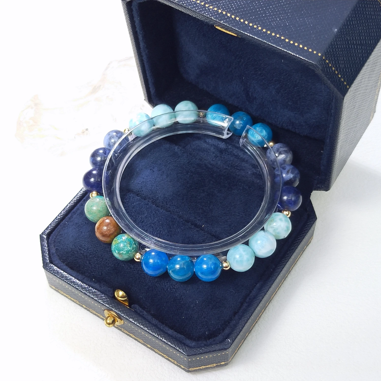 Lii Ji Natural Hubei Turquoise Larimar Sodalite Apatite 6/8mm With Crystal American 14K Gold Filled Elastic Bracelet