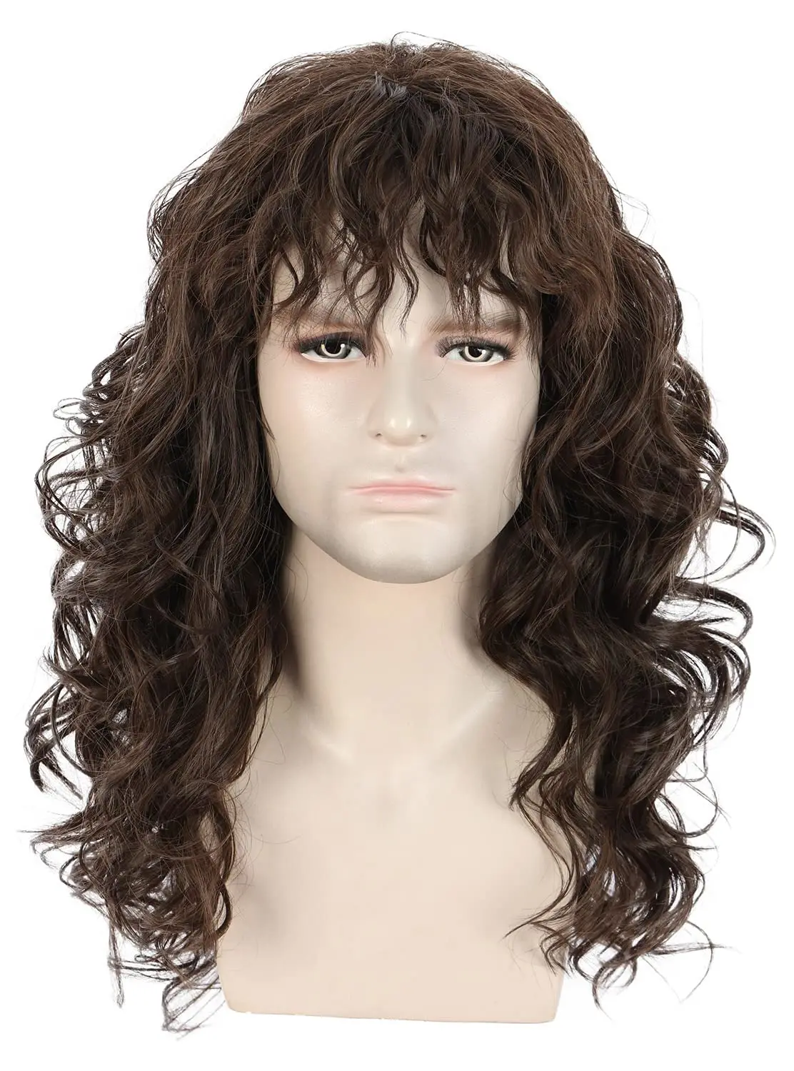 Men Long Brown Wave Wigs with Bandana 80s Heavy Metal Punk Rocker Costume Wig for Halloween Cosplay Party
