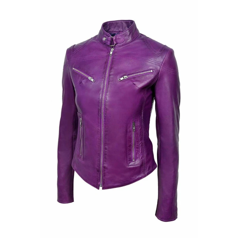 NEW Model Women Purple Authentic Lambskin Pure Leather Jacket Casual Wear Zipper