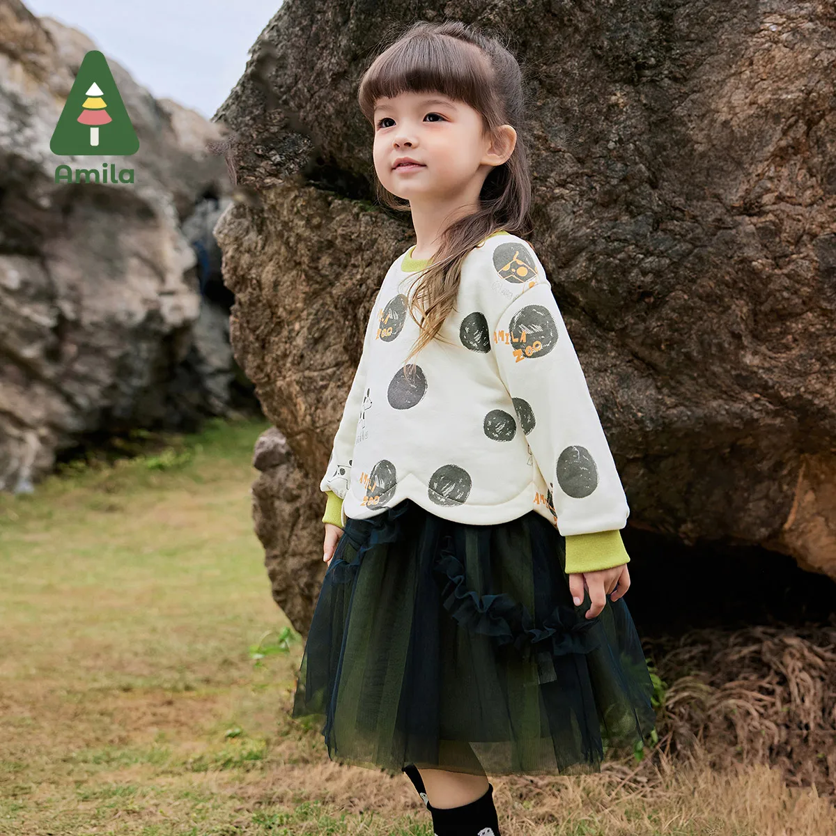 Amila Baby Dress 2024 Autumn New Girls Original Fake Two-Piece Round Neck Polka Dot Top Contrast Color Children’S Gauze Skirt