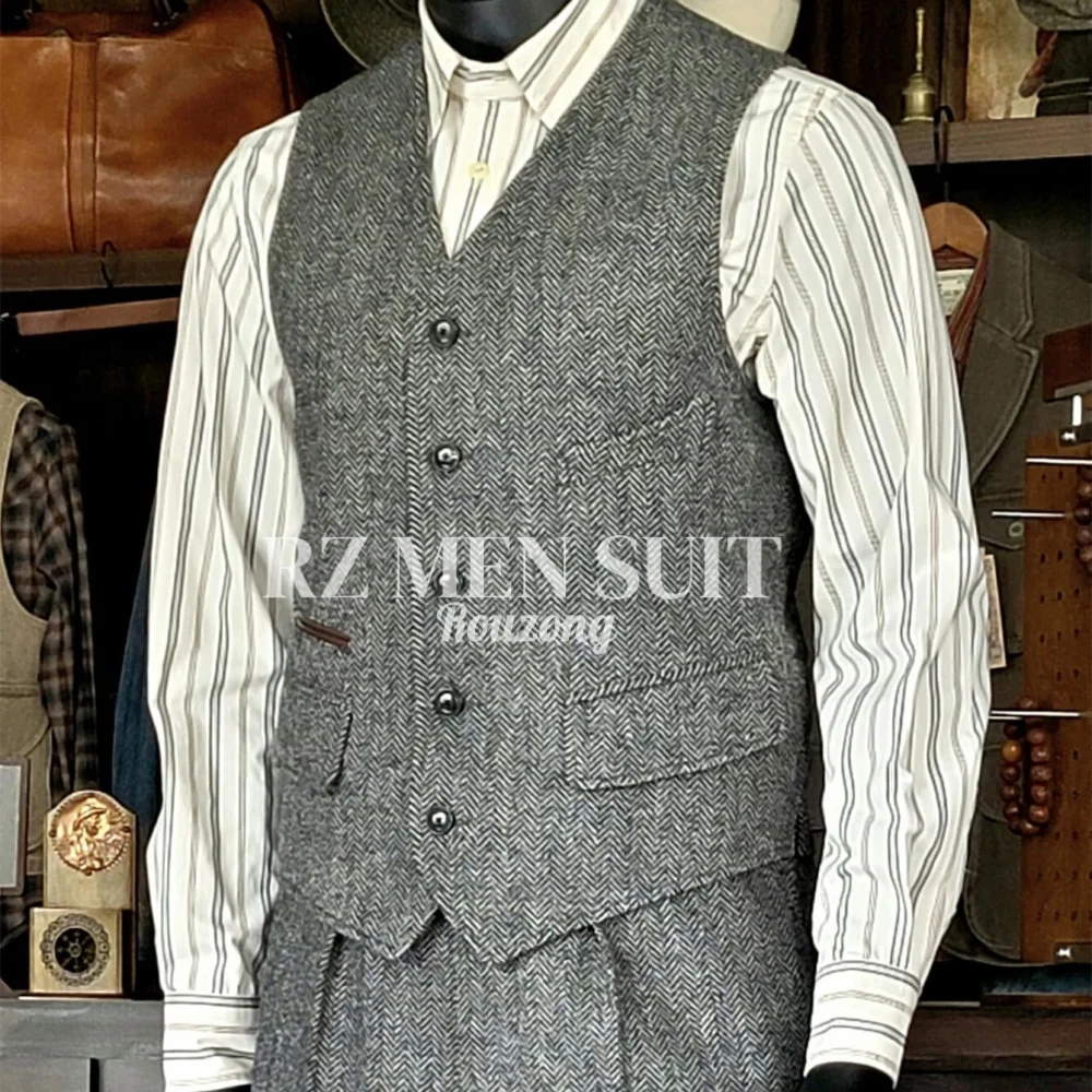 Mens Vintage Classic Herringbone Pattern Suit Vest V Neck Casual Wool Blend Waistcoat for Men chaleco hombre