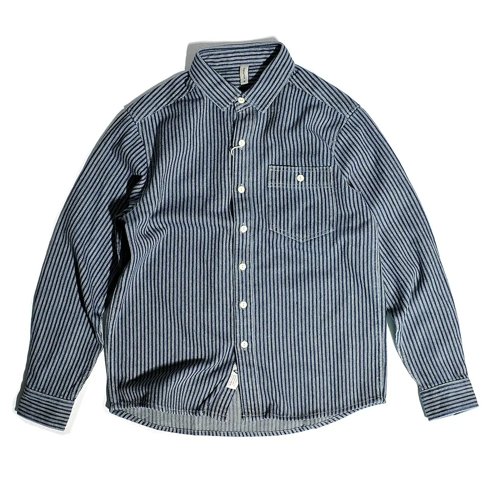 

Vintage American Style Retro Amikage Blue and White Striped Denim Long Sleeved Shirt for Men's Outerwear