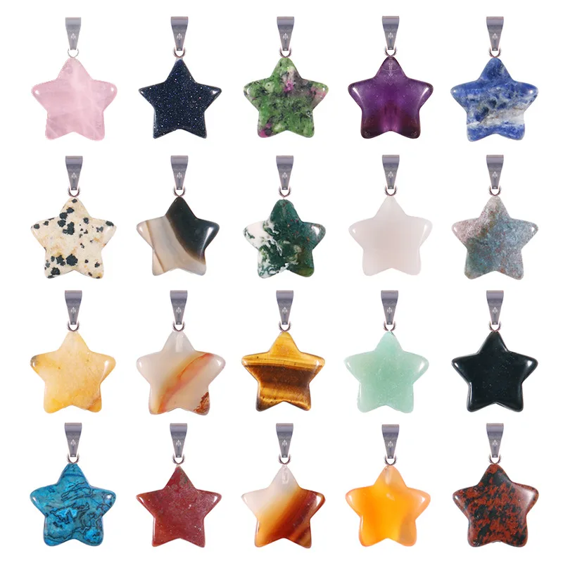 20pcs/ Bag Natural Crystal Healing Loose Gemstones Five-pointed Star Amethyst Rose Turquoise Pendant Charms for Jewelry Making