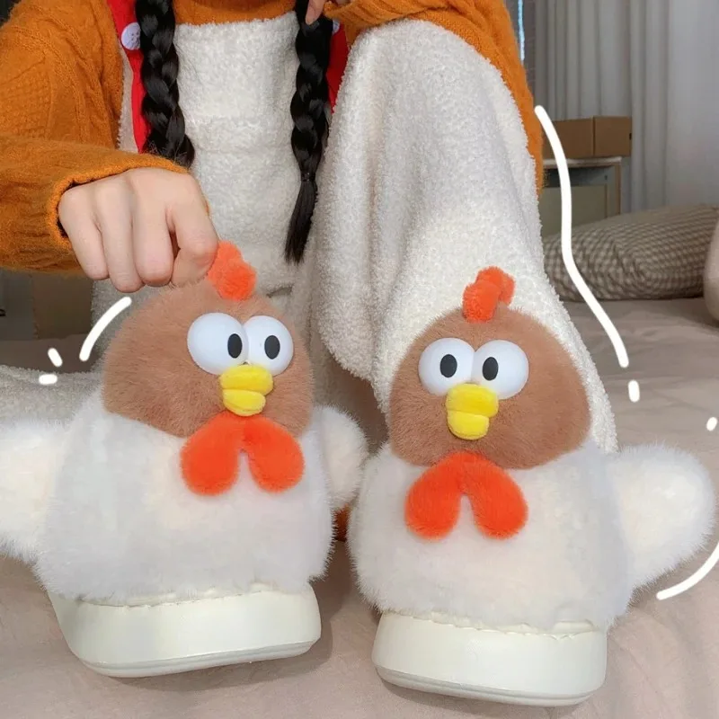 2026 New Cute Cartoon Indoor Fluffy Slippers For Women Winter Warm Shoes Funny Chicken Anti-slip Girls Home Floor Cotton Slipper