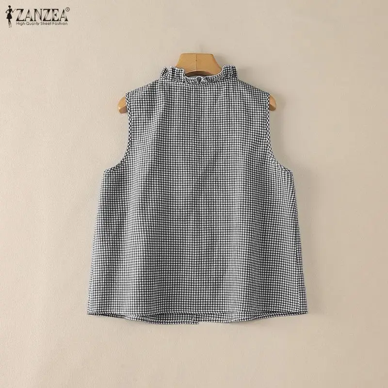 ZANZEA Summer Women's Gingham Ruffles Trim Tanks V-Neck Lace-Up Open-Front Sleeveless Tops Casual Lightweight Tank Tops 4 Colors