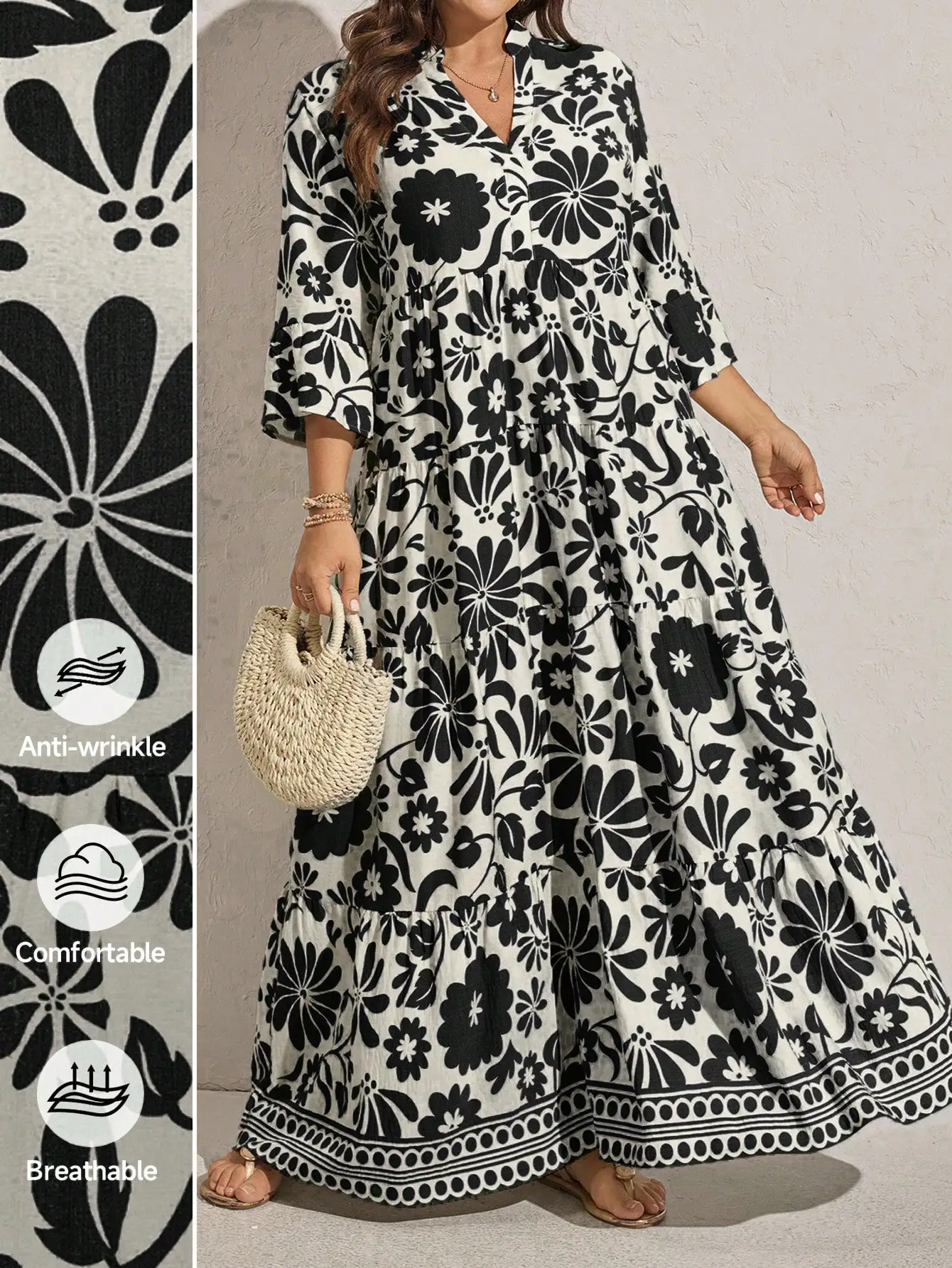 

Женское повседневное макси-платье больших размеров с цветочным принтом, V-образным вырезом и расклешенными рукавами