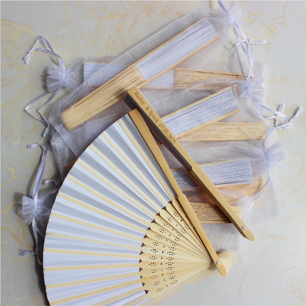 20 // 340/50 مراوح ورقية أنيقة قابلة للطي باللون الأبيض مع نقش شخصي، دش زفاف مع شاش ومراوح مستلزمات حفلات الزفاف المحمولة #4