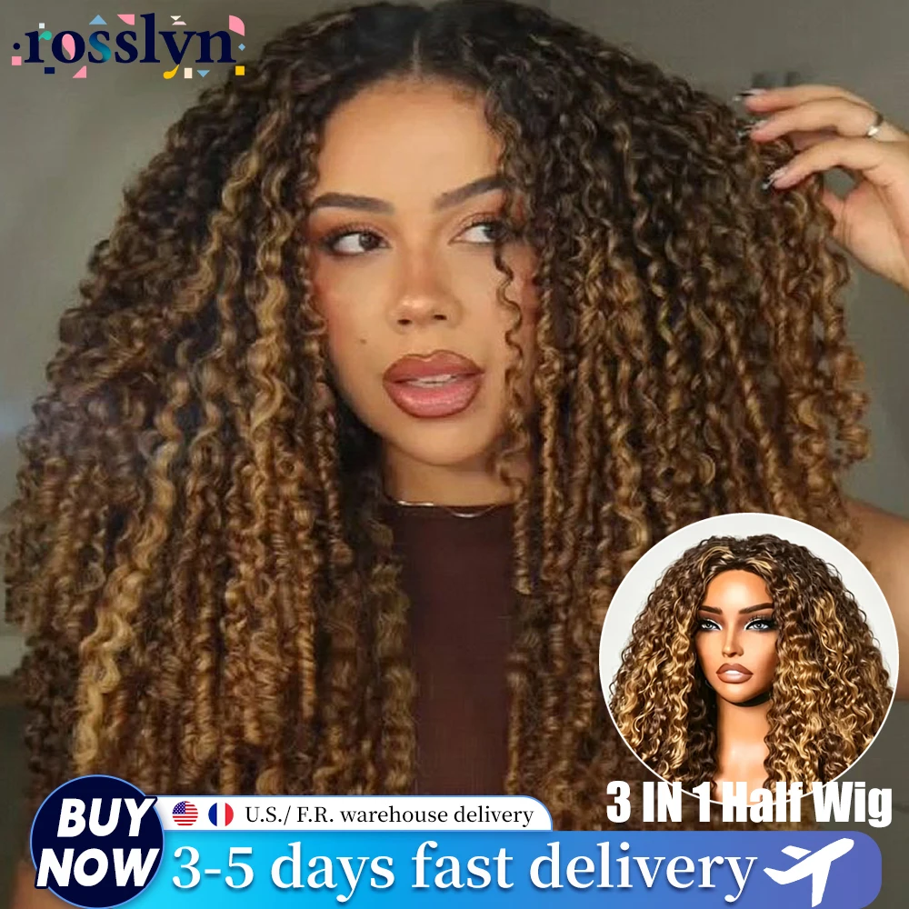 

P427 Highlight Burmese Curly Half Wig No Glue Ready To Wear Human Hair 3 In 1 Half Wig With Drawstring Highlight Honey Blonde Piano Color Seamless Clip Flip Over
