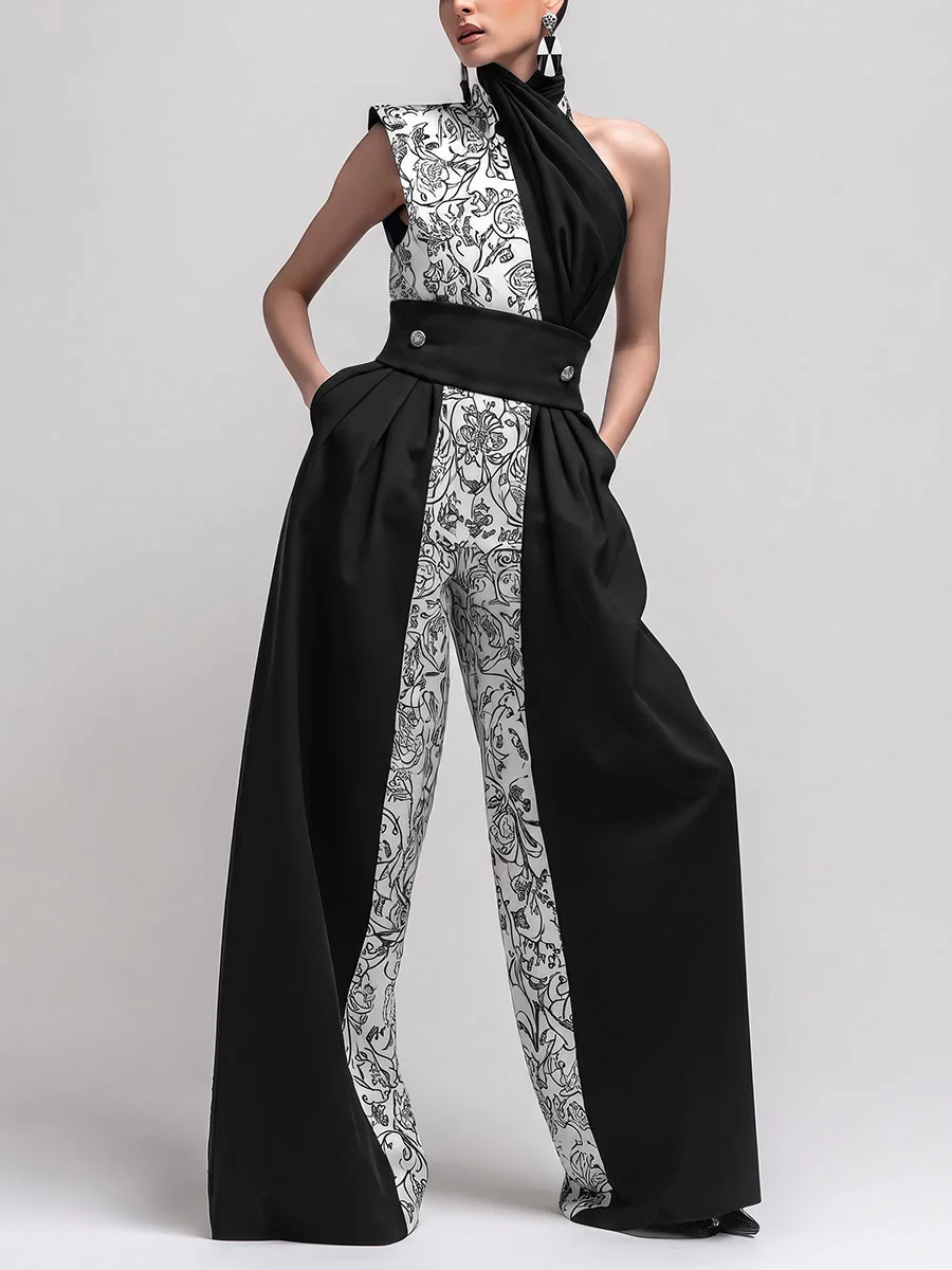 Freeacy Women Color Block Floral Print Jumpsuit Halter One Shoulder Sleeveless Wide Leg Jumpsuit Elegant Evening Party Romper