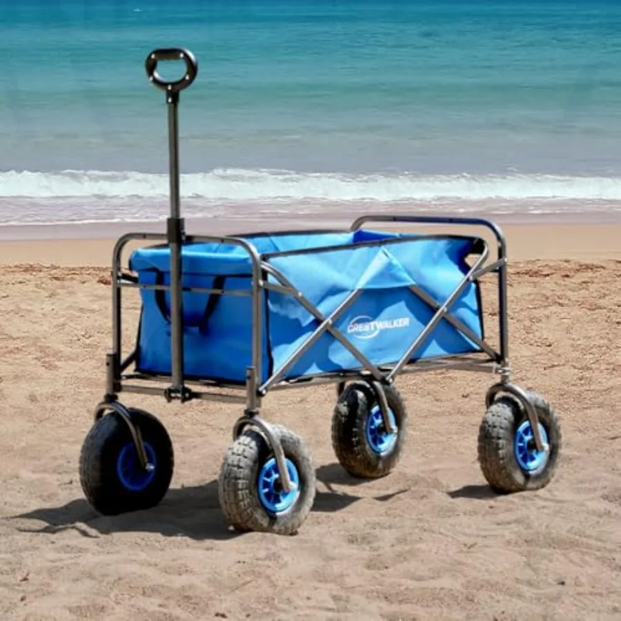 Beach Cart with 10'' Rubber Wheels, Collapsible Pulling Wagon for Sand Rough Terrain Durable Steel Frame, Black Smooth Rolling