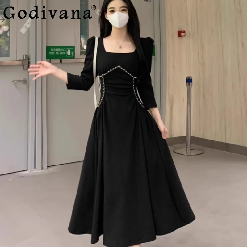 

Women Spring Large Size Black Elegant Square Neck High Waist Seven-quarter Sleeve Dress Temperament French Fashion Long Dresses