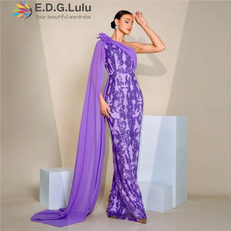 EDGLuLu Purple Sequin Embroidery Floral Print Luxury Dress Birthday One Shoulder Long Sleeved Ribbon Long Evening Dress 1212