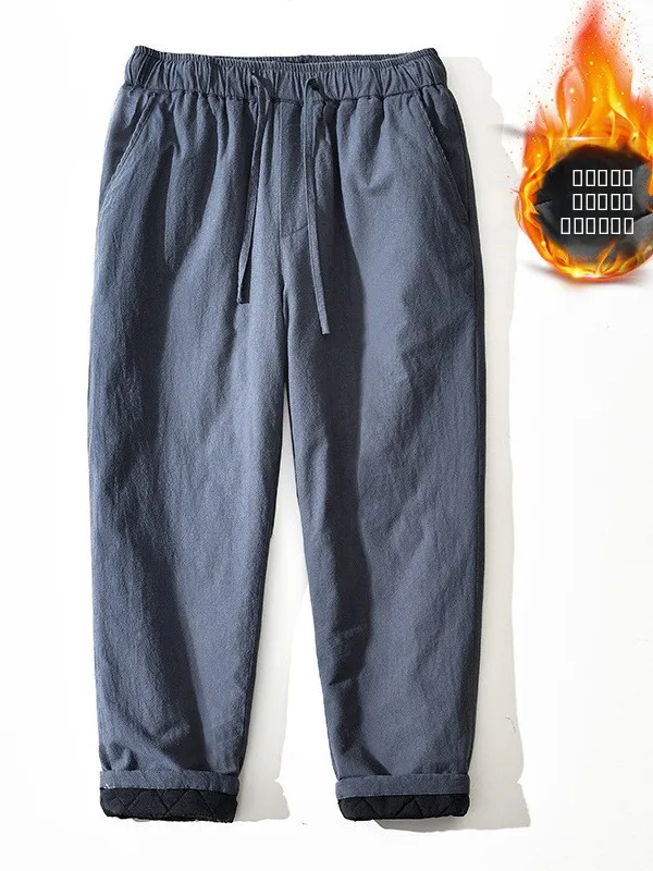 Thickened Pure Cotton Straight Leg Pants Men's Elastic Waist Loose Casual Trousers Fashionable Winter Leisure Cotton Trousers