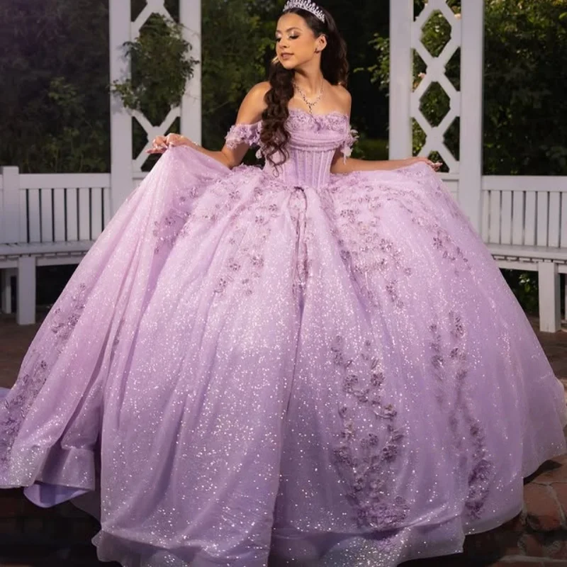 

Customized Shiny Purple Quinceanera Dresses Off the Shoulder glitter decal crystal tail Vestido 15 Quinceanera