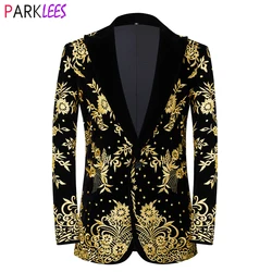 Mens Ouro Bordado Floral Vestido Jaqueta Terno Marca Mandarin Collar Slim Fit Tuxedo Blazers Casamento Festa Jantar Traje Homme