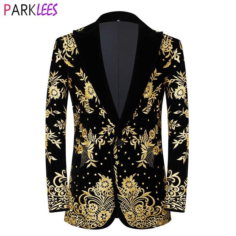 Mens Gold Floral Embroidery Dress Suit Jacket Brand Mandarin Collar Slim Fit Tuxedo Blazers Wedding Party Dinner Costume Homme