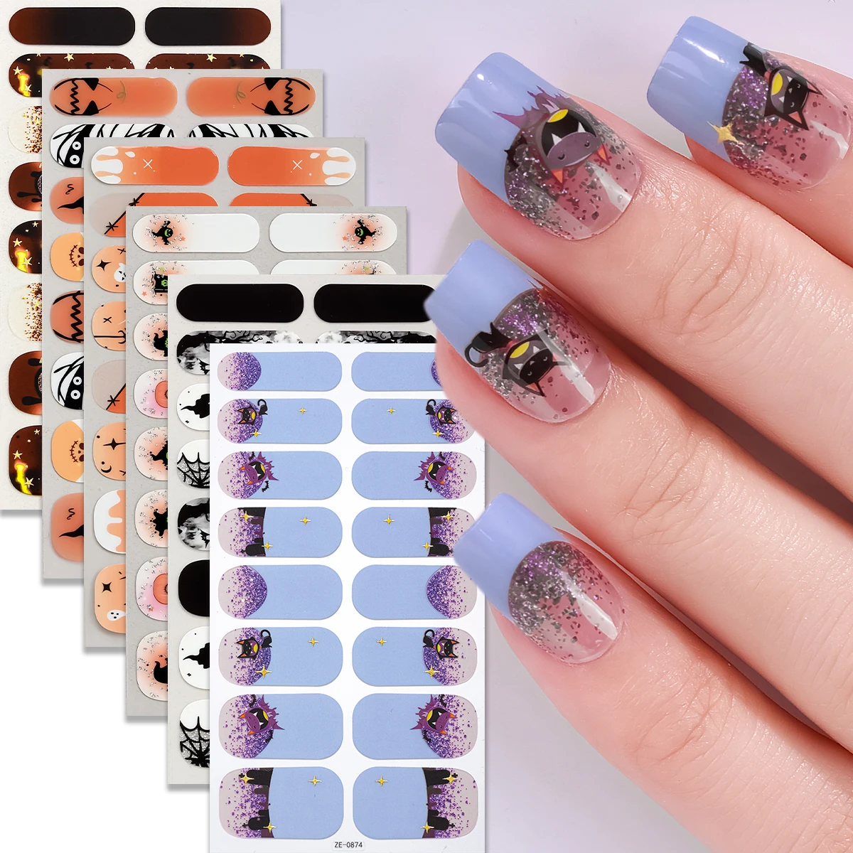 16 punte Halloween copertura completa strisce di smalto per unghie fantasma ragno zucca gatto nero adesivo per unghie avvolge manicure decorazione adesivo per unghie