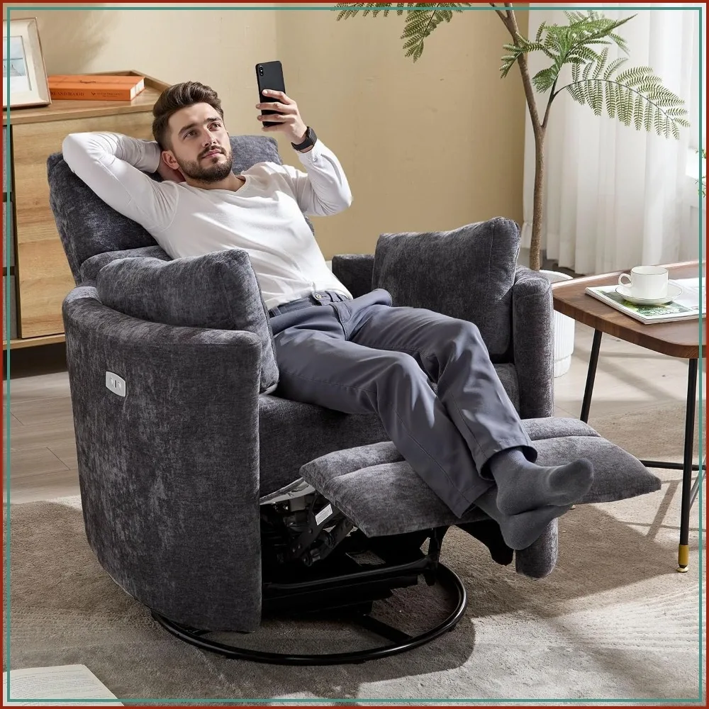 Power Recliner Swivel Rocking Glider Chair with USB, 2 Pillows, Dark Grey