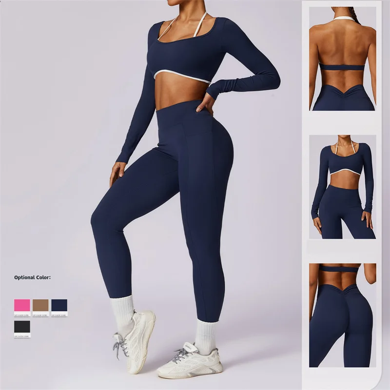 SVEIC Fitness Sports Yoga Sets Women Tracksuit Long Sleeves Sexy Back Training Leggings High Waist Worukout Running Gym Clothing