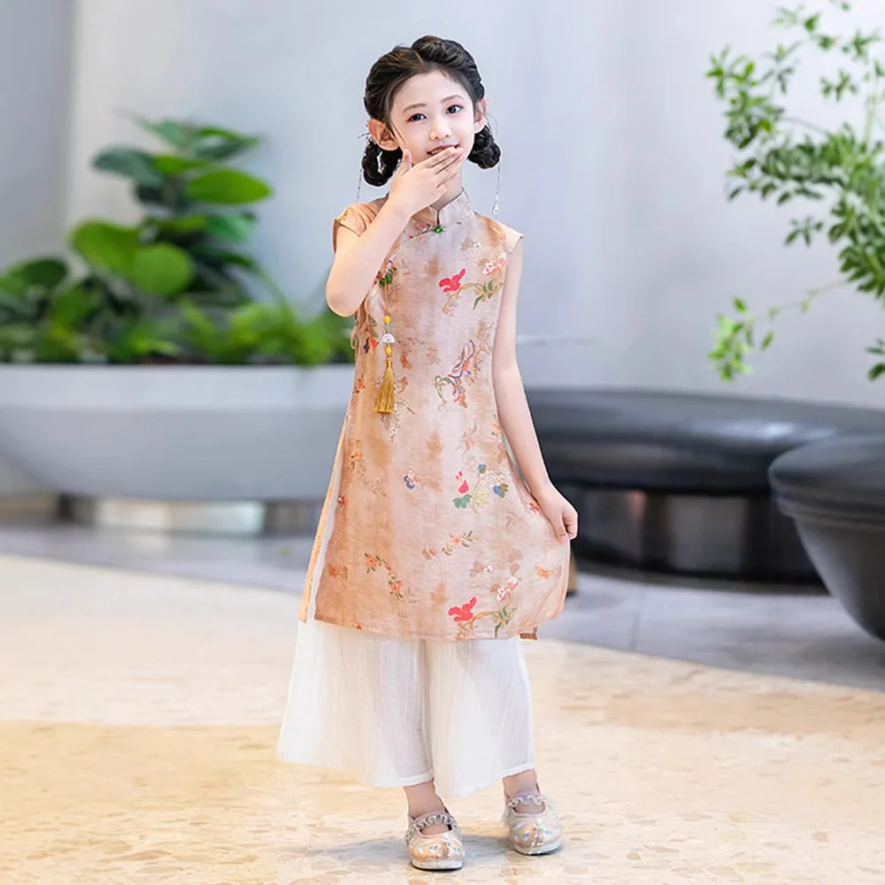 Summer New Performance Kids Cheongsam Princess Dresses 2PCS Chinese Hanfu Set Girl Qipao Dress Children Clothing Vestidos
